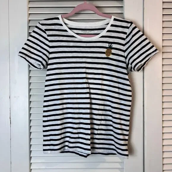 J.Crew Collector Tees Pineapple Embroidered Striped T-Shirt Small 100% Cotton - Picture 2 of 5